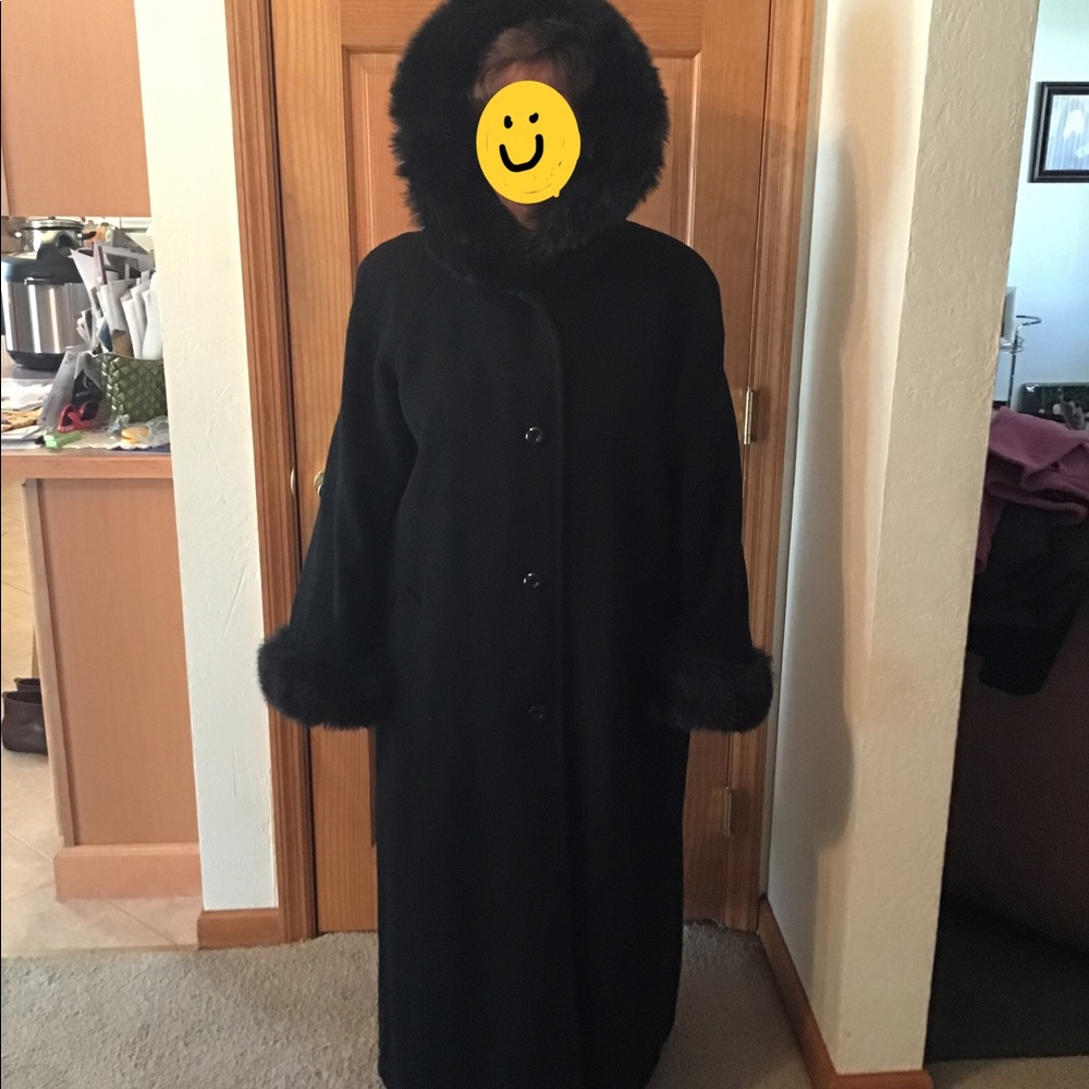 Long Black Wool Coat with fur cuffs and hood